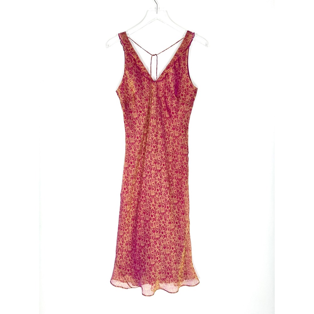 Vintage Laundry Shelli Segal Bias Cut Dress 10 Iridescent Peach Hot Pink Floral